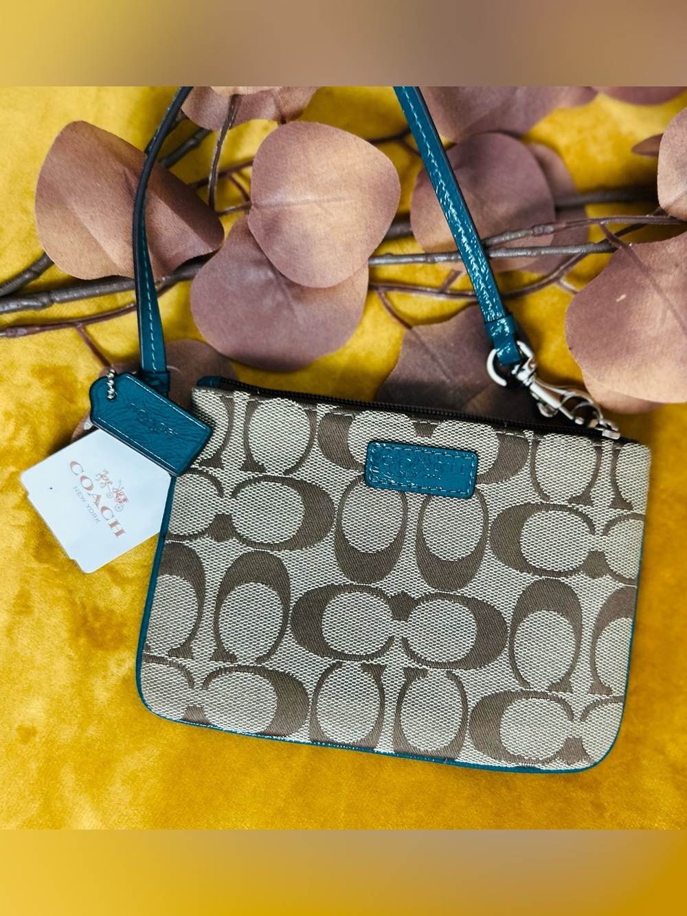 Coach Signature Canvas Wristlet with Teal Trim